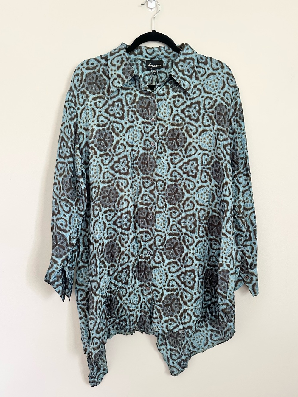 Lynn Ritchie 100% Silk Tunic Top L Blue Grey Boho Handkerchief Hem Vintage Y2K